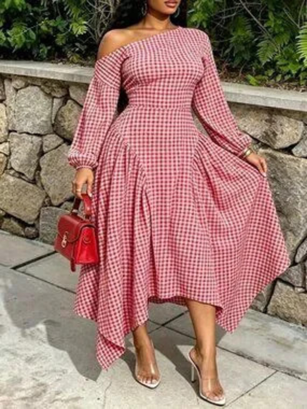 ZARA Multicolor Casual Women's Plus Size Plaid Asymmetrical Collar Dress Elegant